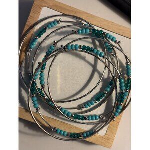 Silver & Turquoise Beaded Bangle Bracelets Set Of 6